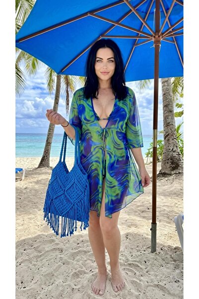 MY SEA P-16 Green Blue Front Tie Short Tulle Pareo
