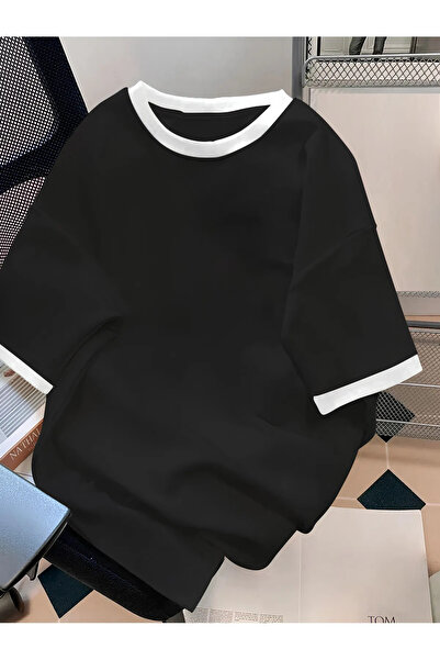 Cool mans Tricou unisex din bumbac oversize, de culoare neagră, cu guler alb,...