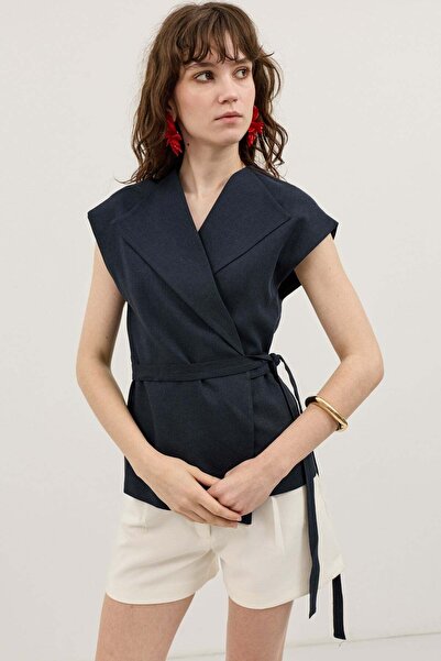 Antioch Navy Blue Linen Blend Belted Women's Vest