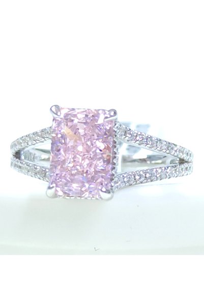 Güler Yüzlü Silver MOZANAYT PEMBE TAŞLI 10 MM BAGET GÜMÜŞ YÜZÜK - 20