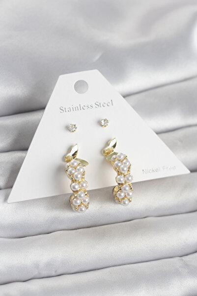 OGHAMAY Brass Gold Color Butterfly Detailed Women's Earring Set