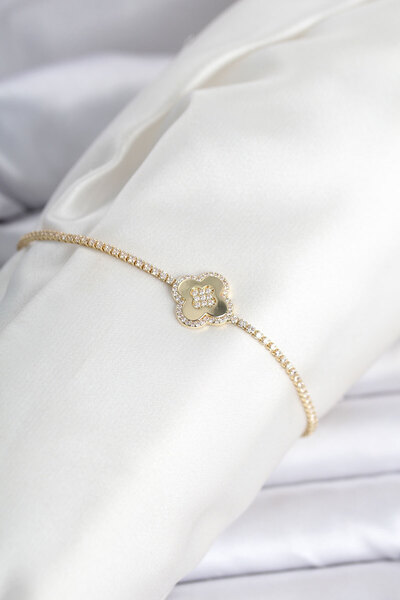OGHAMAY Brass Gold Color Zircon Stone Clover Model Waterway Women's Bracelet