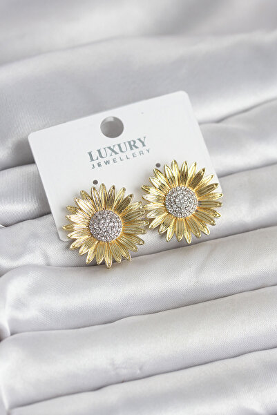 OGHAMAY Papatya Model Zircon Stone Brass Gold Color Women's Earrings