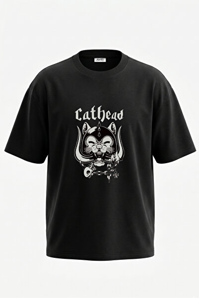 Anetos Tricou oversize negru din bumbac cu imprimeu pe spate Cathead Motorhea...
