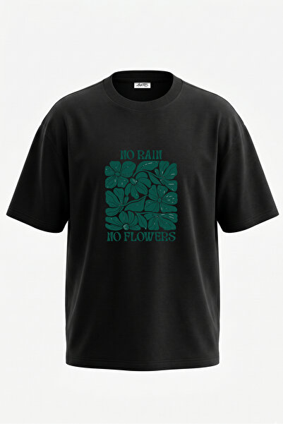 Anetos Tricou oversize negru din bumbac cu imprimeu pe spate No Rain Flowers ...