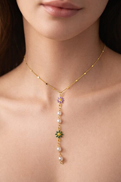 OGHAMAY Gold Color Crushed Chain Flower Pearl Ye Model Steel Necklace - 3829