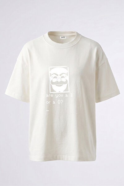 Anetos Tricou oversize alb din bumbac cu imprimeu Anonymous Mask Design pe spate