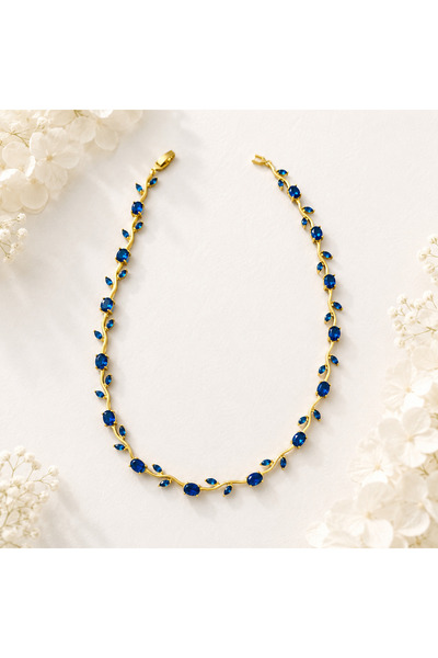 Lilith Takı Gold Color Sapphire Blue Stone Elegant Branch Design Women's Neck...