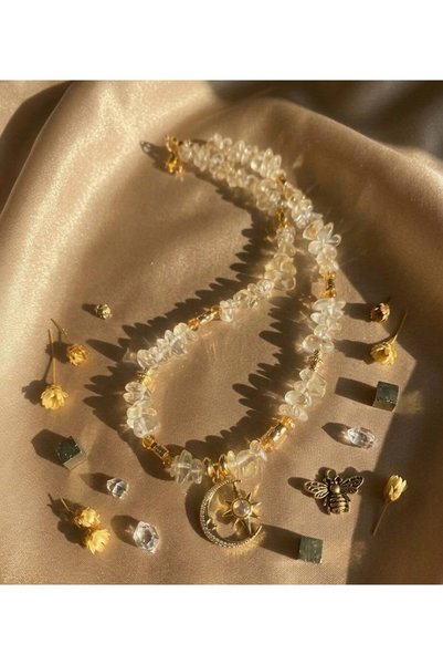 YAKA ART Clear Quartz Stone Crescent-Star Charm Handmade Necklace