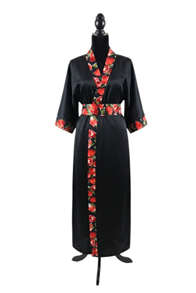 maia Kimono lung din satin pentru femei, negru cu detalii florale roșii