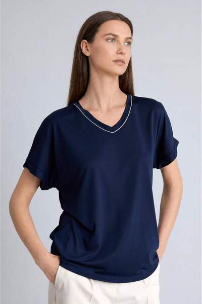 DeFacto Tricou cu decolteu în V și mânecă scurtă, albastru marin H2464AX26SM