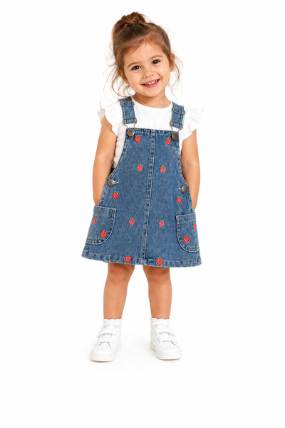 TucanKids Girl's Denim Gilet Dress Strawberry Embroidered Denim Strap Summer ...