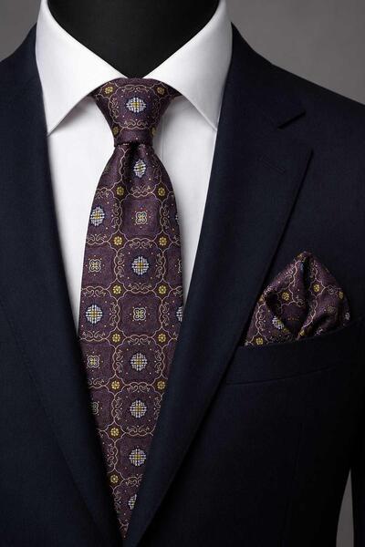 Kravatkolik Coffee Yellow Motif Pattern Classic Tie with Handkerchief Kk13758