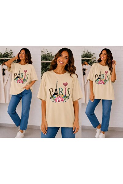 ENB1R MODA Paris Themed Eiffel Tower, Rose Flower and Heart Printed Beige Pre...