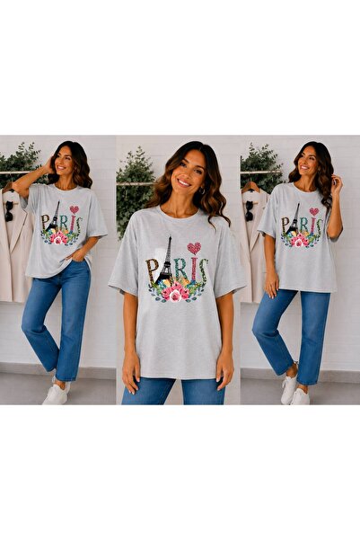 ENB1R MODA Paris Themed Eiffel Tower, Rose Flower and Heart Printed Gray Prem...