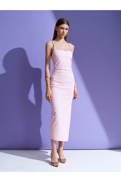 Dilvin 91712 Kare Yaka Büzgülü Midi Elbise-Toz Pembe