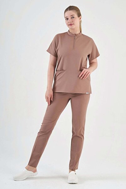 Owlet Medikal Costum chirurgical cu fermoar, detaliat, din Lycra, culoare caf...