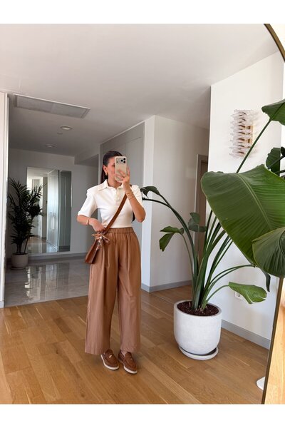 MERVE AKSOY Massi Beli Lastikli Pantolon - Camel