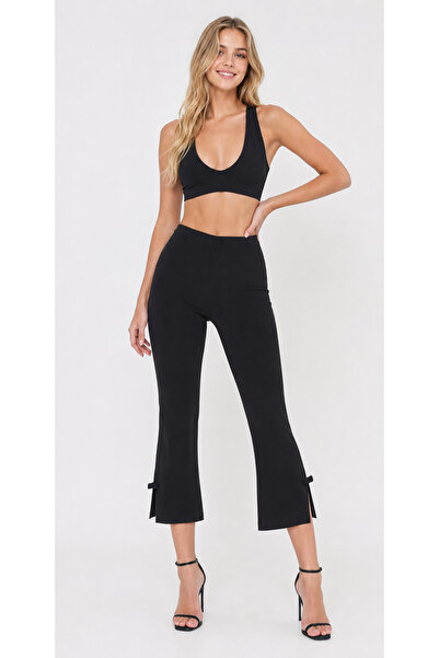 Kallisto Black Steel Interlock Slit Pants with Bow Detail