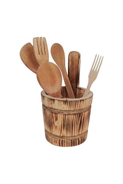 Ceramica Martinescu Set ustensile de bucatarie din lemn cu suport rustic, ese...