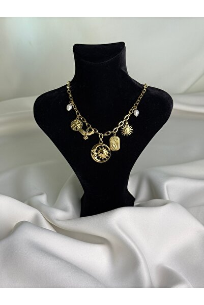 NB STEELORA Gold Color Sun and Moon Figured Charm Chain Steel Necklace