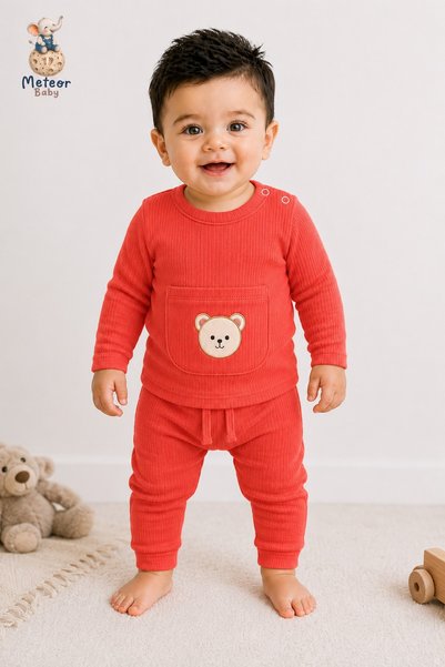 METEOR BABY Baby Boy Set - Children's Set - Teddy Bear Pocketed Ribbed Cotton Seasonal Top and Bottom Baby Set