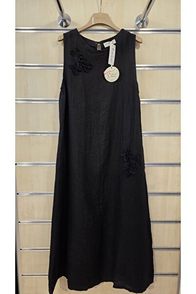 Park Moda Italian Linen Dress with Zero Sleeves and Floral Appliques