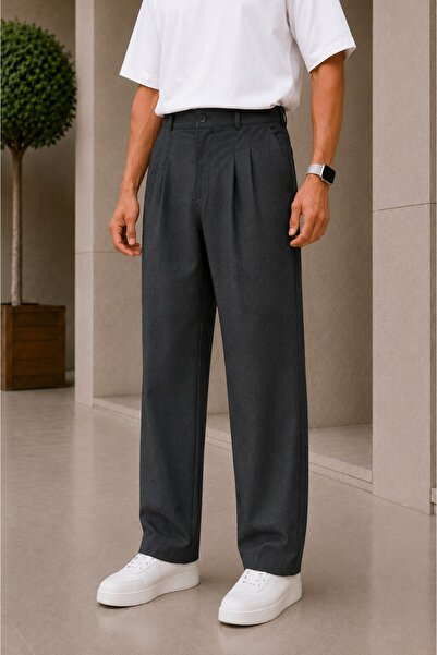 Ser Joven Men's Anthracite Baggy Fit Relaxed Fit Pleated Fabric Trousers