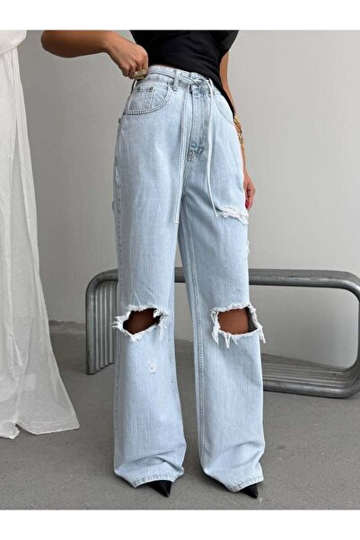 HerTon Kadın Yırtık Detaylı Wide Leg Jean - %100 Pamuk Bol Paça Jean Pantolon