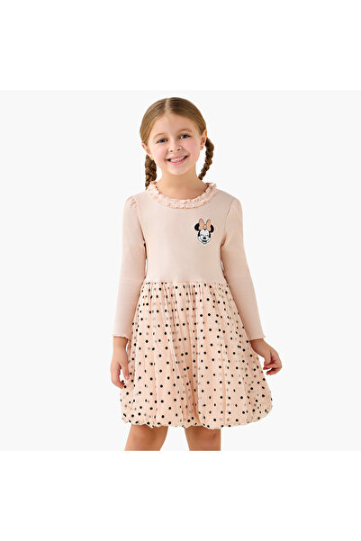 Disney Round Neck Long Sleeves Dress with Minnie Mouse and Polka Dot Print