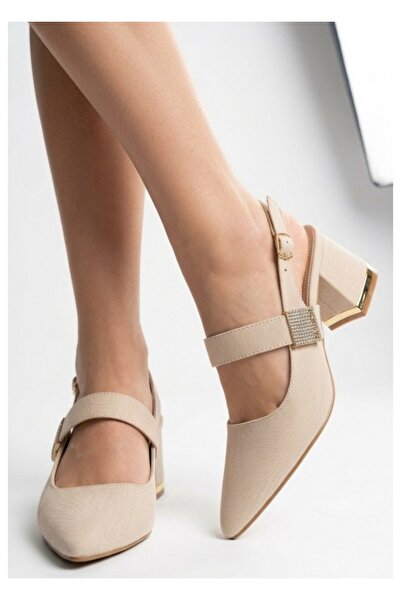 BellAyakkabı Bellamor Women's Satin Stone Buckle Thick Heeled Shoes