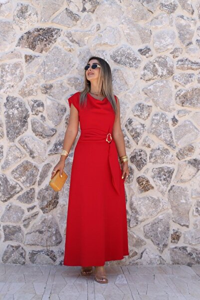 bytugcekaya Red Belt Detailed Buckle Dress