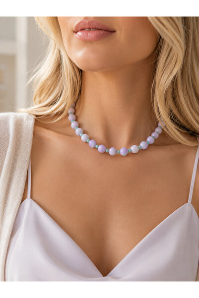 Helen Atelier Eleni - Lila Mermer Desenli Mint Yeşili Kristal Detaylı Boncuk ...