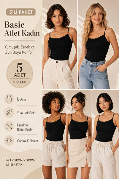 Loule Women's Viscose 5-Piece Undershirt with Rope Straps & Lace Detail