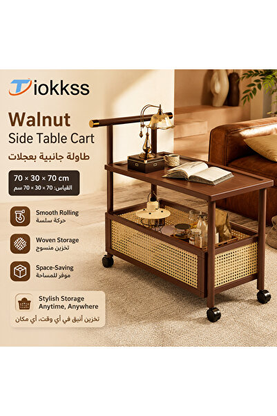 Tiokkss Walnut Rolling Side Table with Wheels, 2-Tier Sofa Side Storage Cart ...