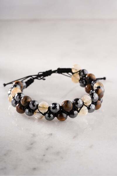 Nereze Citrine-Tiger's Eye-Hematite 8 mm Natural Stone Macrame Men's Bracelet