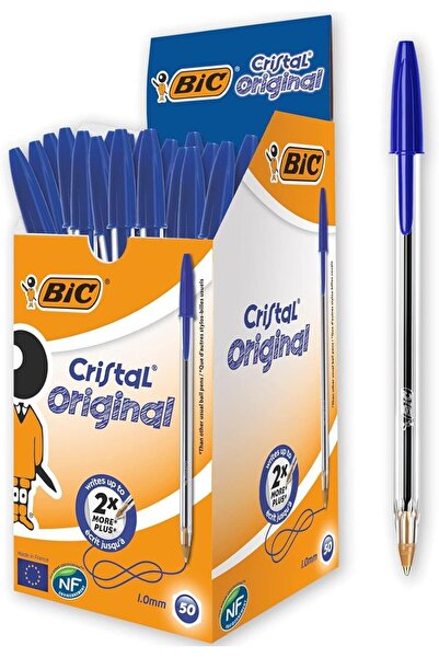 Bic أقلام حبر جاف كريستال، تغليف كرتوني، أزرق، 50 قلم، حجم متوسط