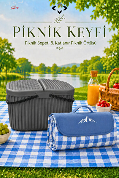 LİGROUND 30 Litre Renkli Büyük Kulplu Kapaklı Piknik Sepeti & Katlanabilir Pi...
