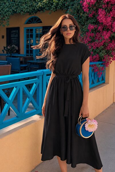 armonika Women's Black Elastic Waist Tie Dress Arm-26Y001122