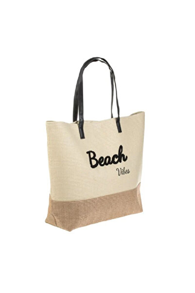 JMB Geanta Ecru Bej cu Imprimeu Negru "Beach vibes" pentru Plaja 57x15x43cm