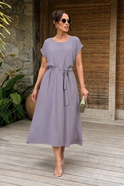armonika Women's Gray Elastic Waist Tie Dress Arm-26Y001122