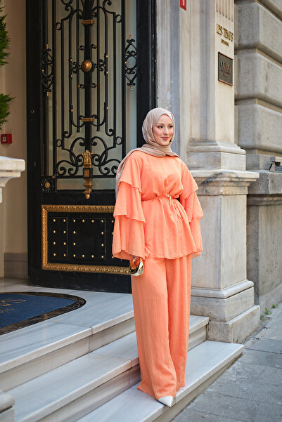 LOCCO Women's Ruffle Sleeve Detailed Elastic Waist Suit Orange