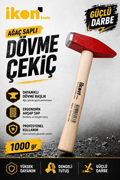 İkon Tools Ağaç Saplı Dövme Çekiç 1000 gr Dayanıklı Çelik Başlıklı Ahşap Sapl...