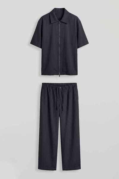 ablukaonline Men's Relaxed Fit Tencel Zippered Shirt and Pants Set Navy Blue