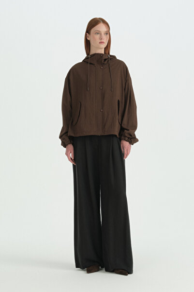 Nihan Hooded Rayon Jacket with Pocket Detail - Brown