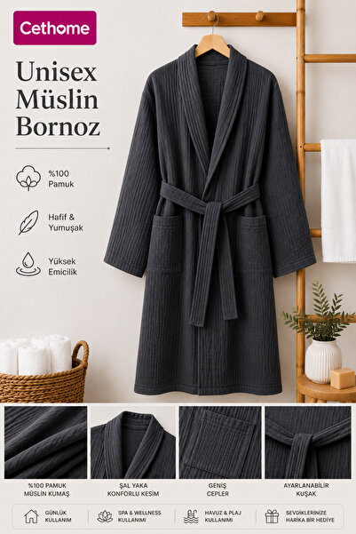 Weweus ÇetHome Antrasit Renk Kemerli Unisex %100 Pamuklu Müslin Kumaş Bornoz