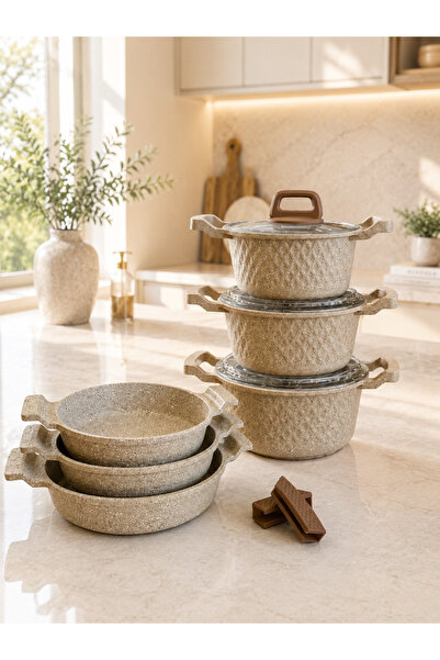 LAVONNI Obsidian Premium 9-Piece Cast Granite Pot and Pan Set 16-18-20 cm Dee...