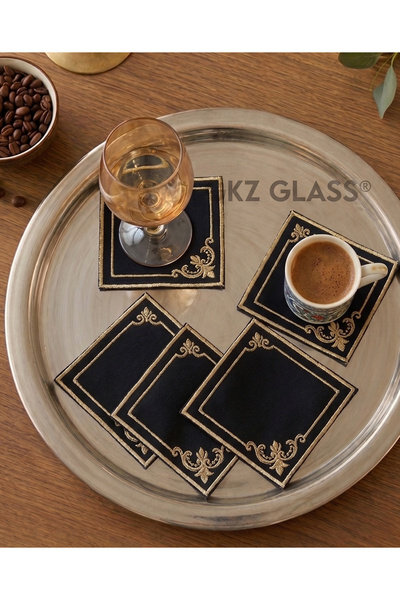 gkzglass home dekor 6 Adet Keten Kumaş Üzeri Nakışlı Kahve Yanı Kokteyl Peçet...