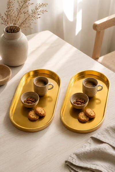 Anadolu Saray 2’li Modern Gold Oval Sunum Tepsisi Dekoratif Kahve ve İkram Te...