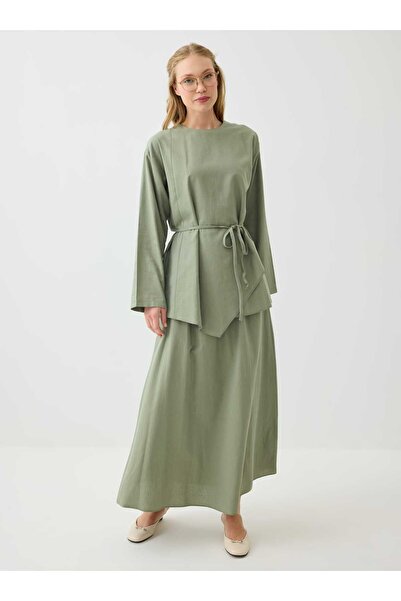 Benin Asymmetrical Cut Tunic & Skirt Double Linen Set - Çağla -